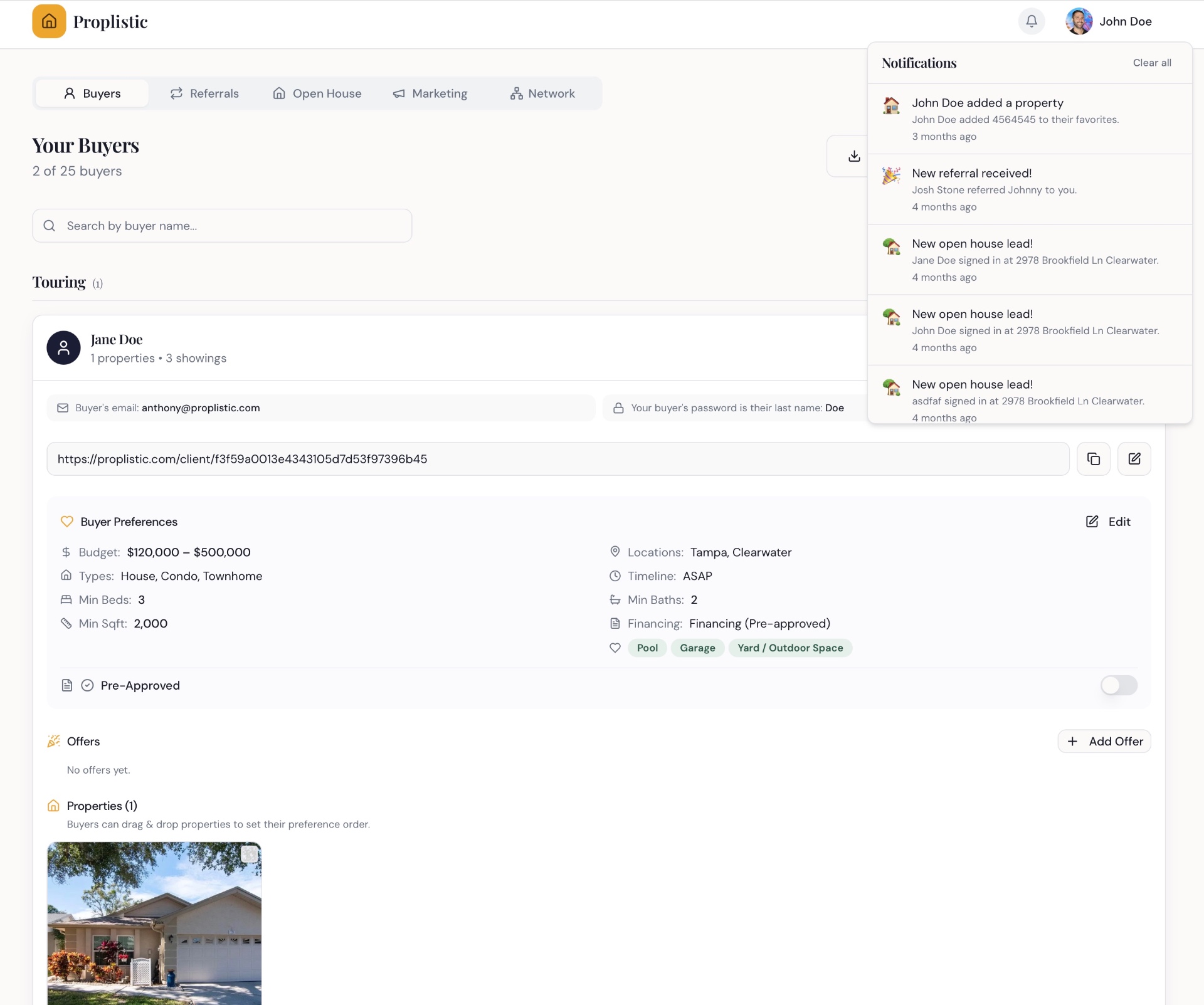 Proplistic agent dashboard with buyer records and notifications