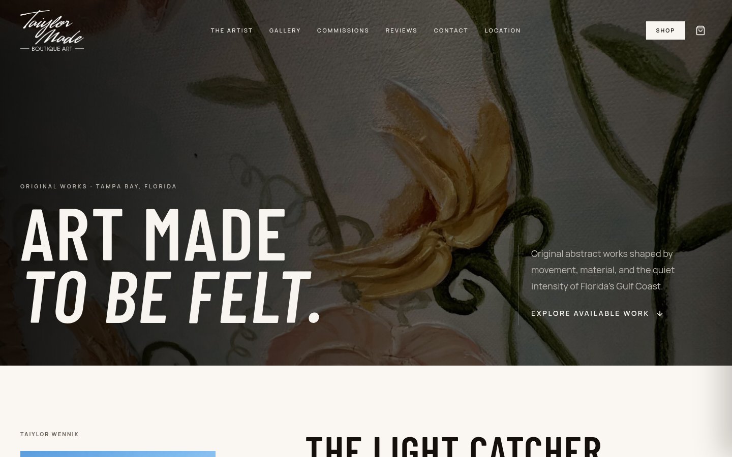 Taiylor Made Art homepage — Art Made To Be Felt hero with the Taiylor Made Boutique Art script logo