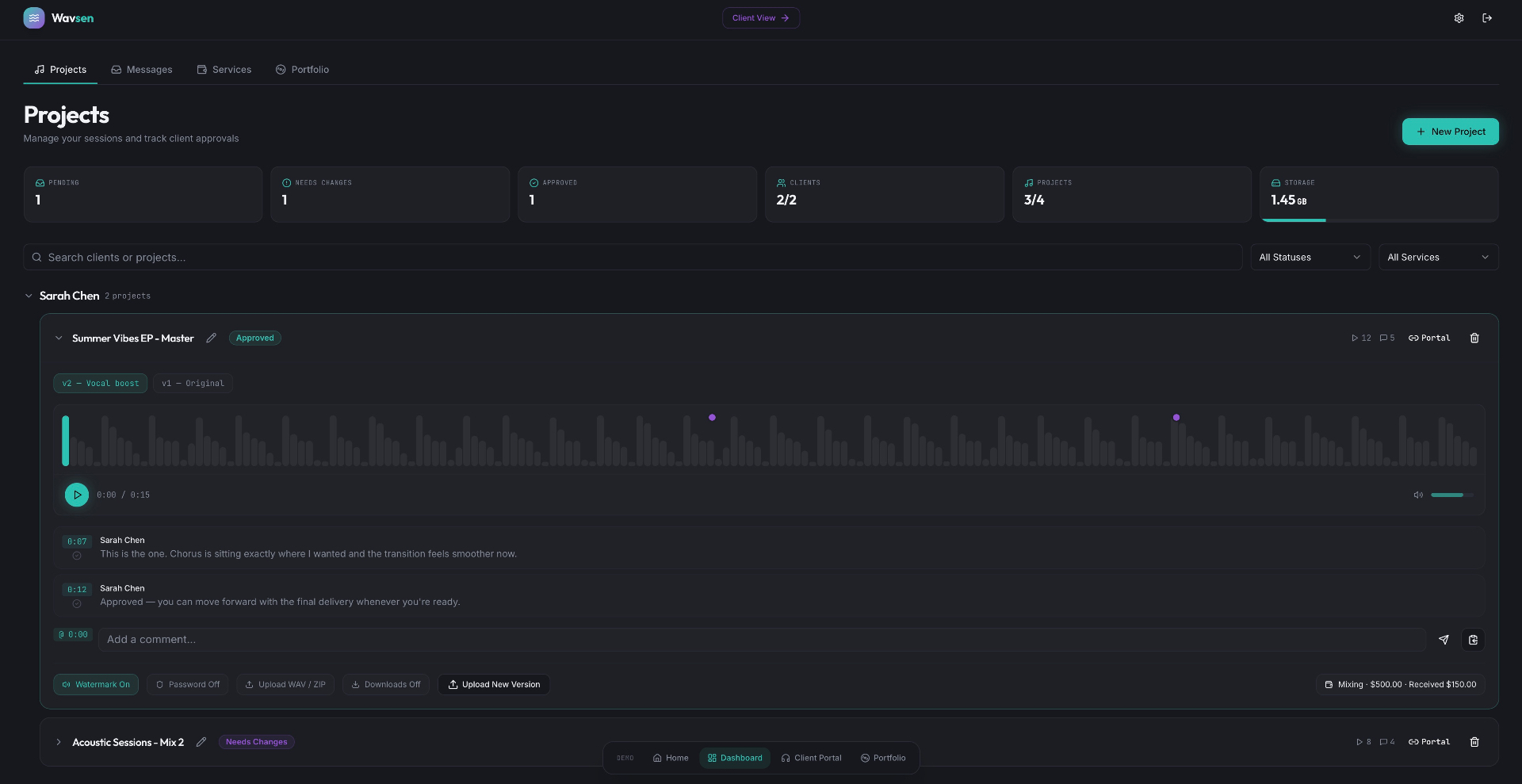 Wavsen producer dashboard with client-grouped projects and waveform