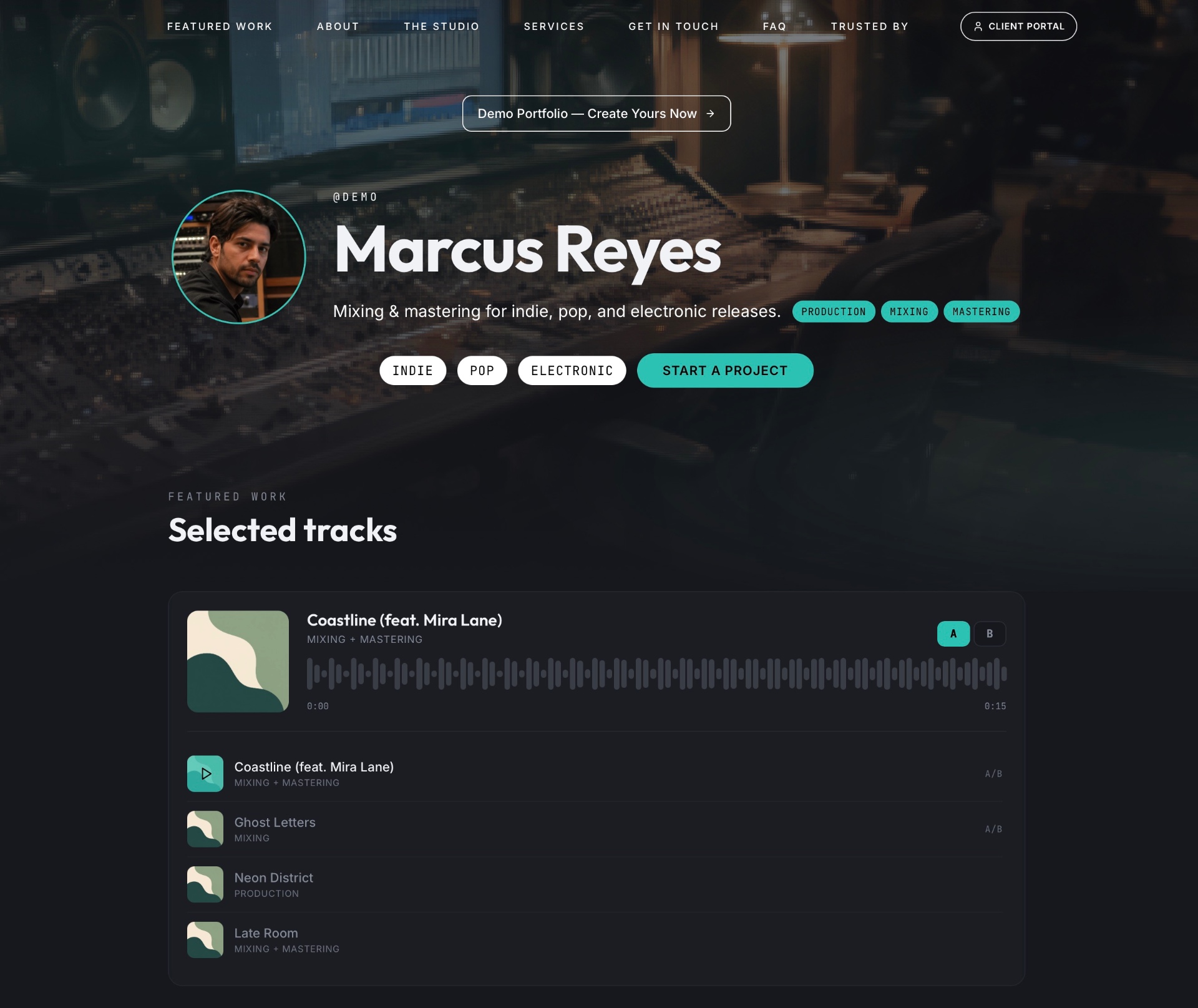 Wavsen producer portfolio page featuring selected mixes with A/B comparison