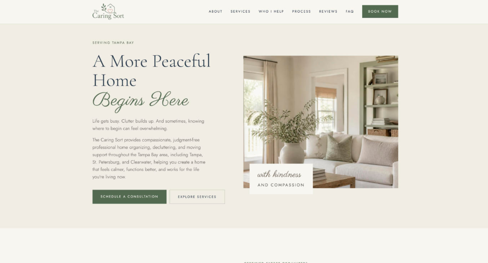 The Caring Sort homepage hero — A More Peaceful Home Begins Here