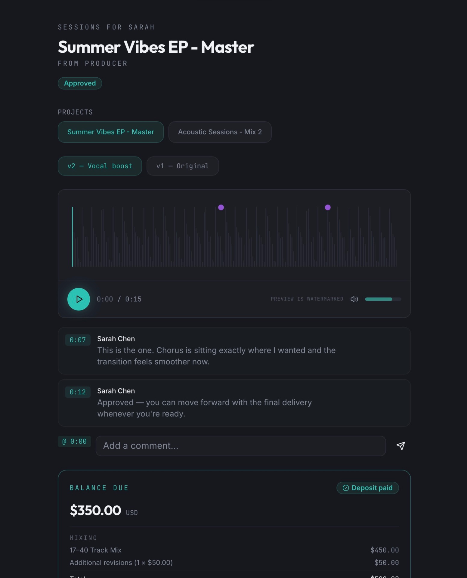 Wavsen client portal with waveform, timestamped comments, and balance due